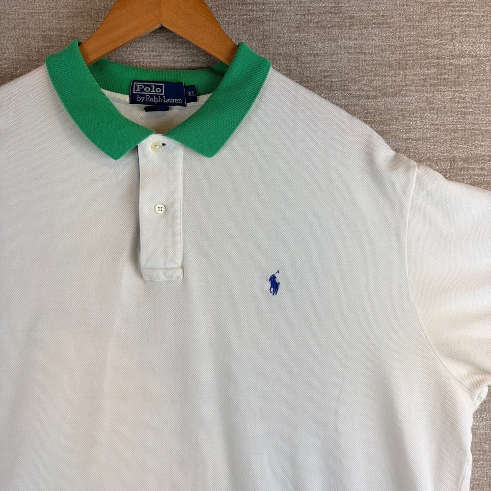 VTG 90s Polo Ralph Lauren Short Sleeve Colorblock Polo Shirt XL White Blue Pony
